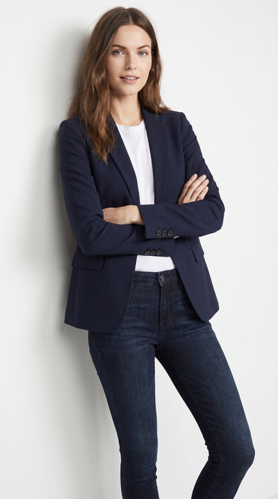 Two Button Solid Pattern Navy Women Blazer