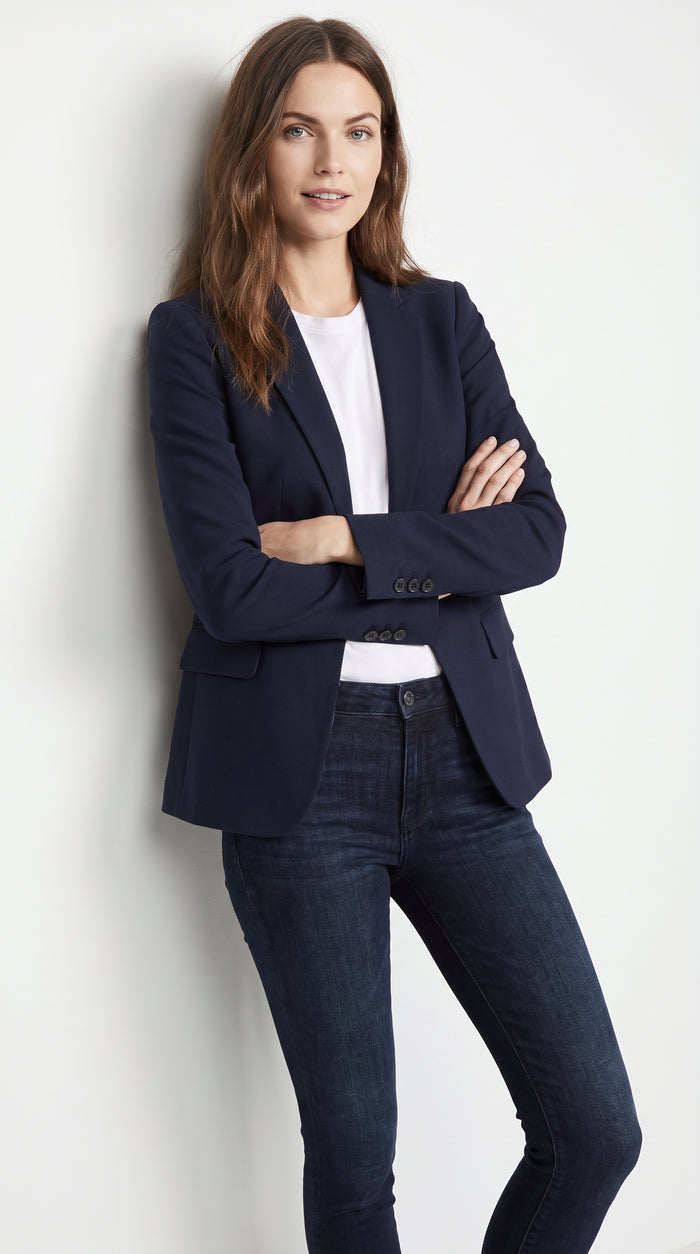 Two Button Solid Pattern Navy Women Blazer