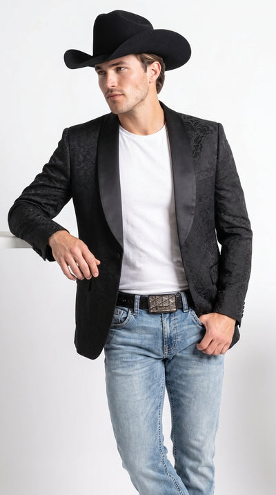 Men’s Black Paisley Jacquard Blazer, Satin Shawl Lapel Western Formal Designer Jacket