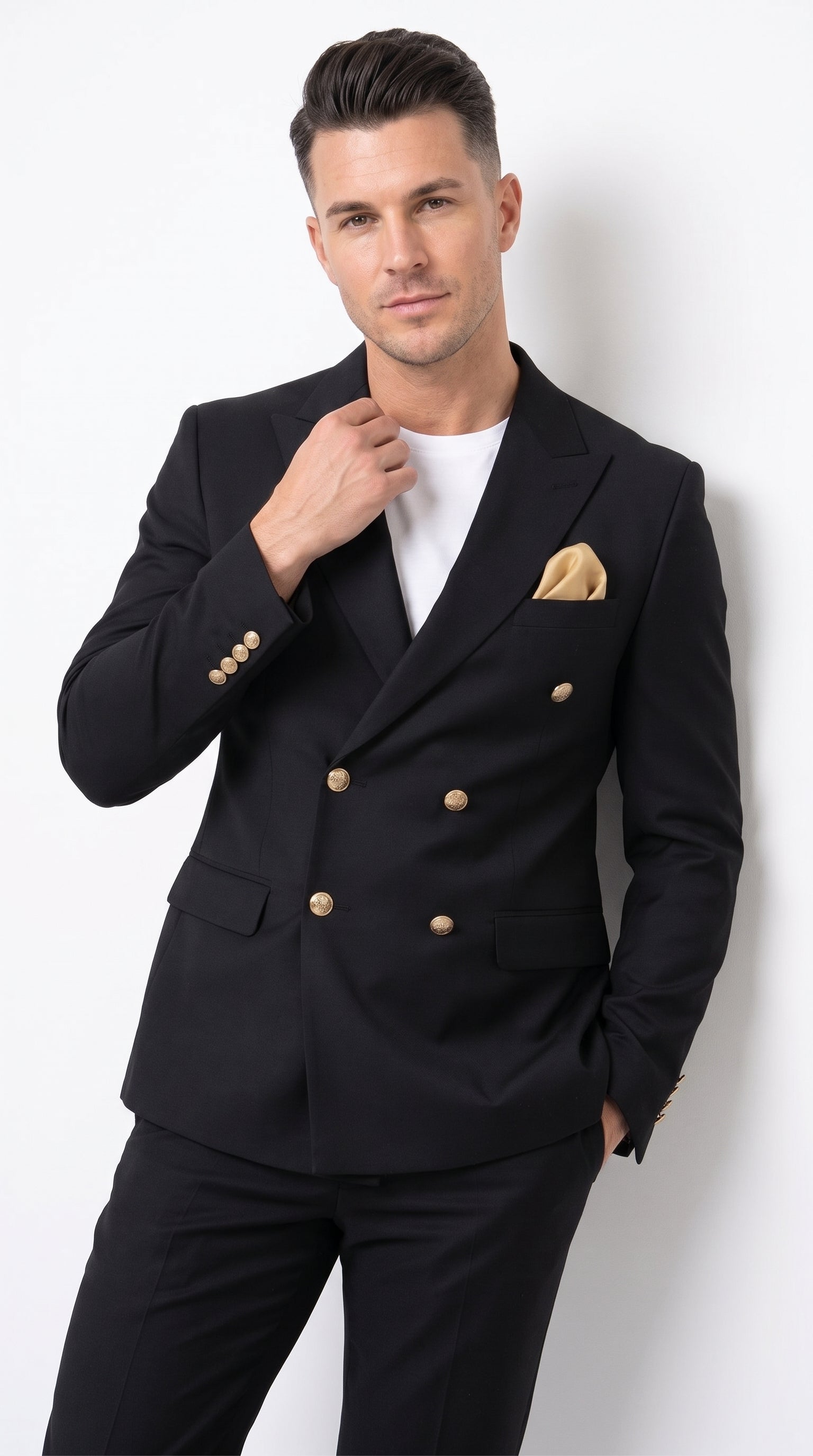 Men’s Black Double Breasted Blazer with Gold Buttons, Formal Sport Coat for Wedding and Business