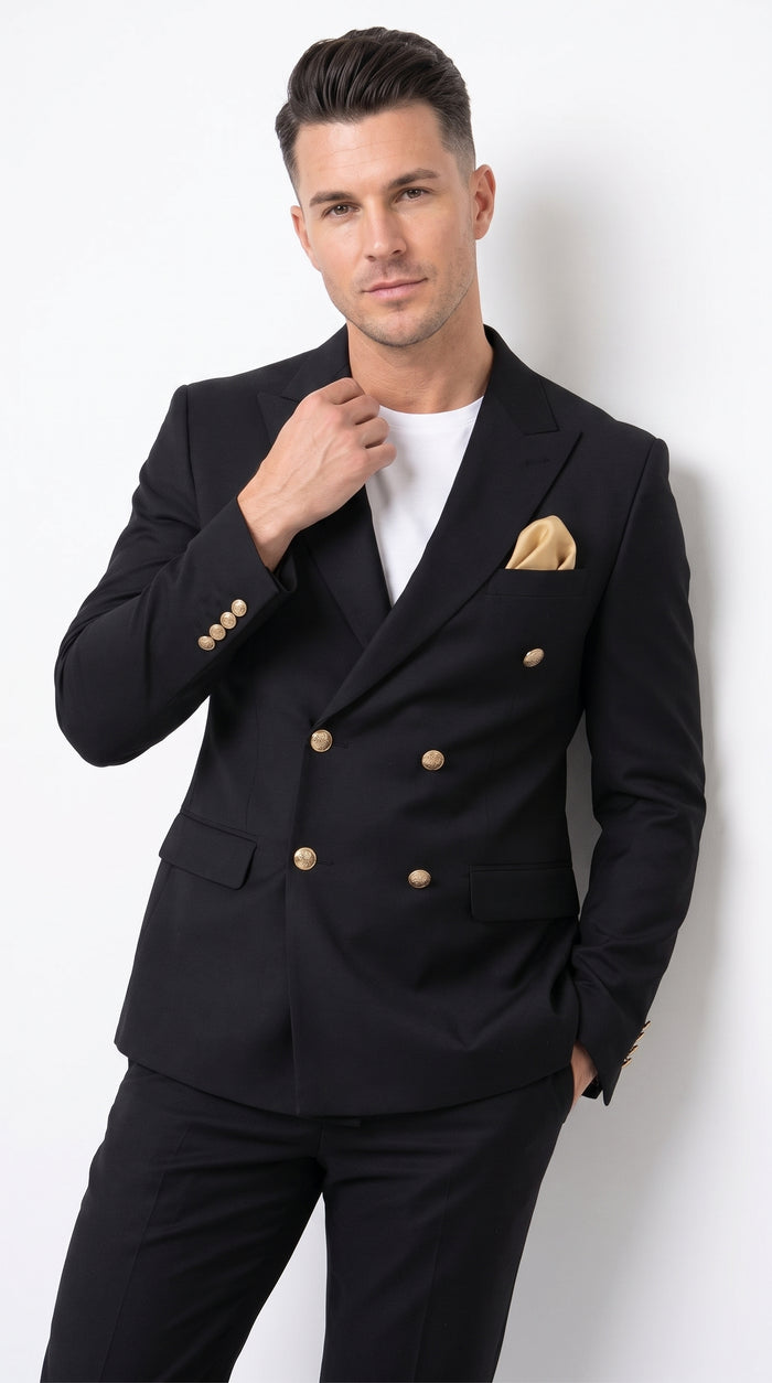 Men’s Black Double Breasted Blazer with Gold Buttons, Formal Sport Coat for Wedding and Business