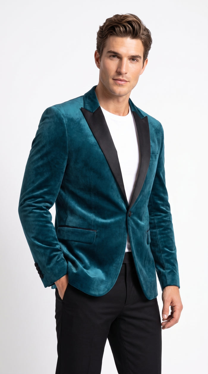 Men’s Teal Tuxedo Jacket with Black Shawl Lapel, Formal Prom Wedding Dinner Blazer