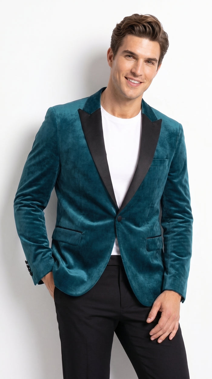 Men’s Teal Tuxedo Jacket with Black Shawl Lapel, Formal Prom Wedding Dinner Blazer