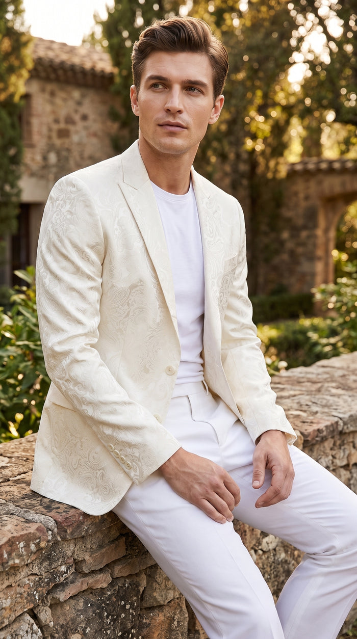 Men’s Off White Paisley Pattern Party Blazer, 1 Button Fancy Formal Suit Jacket