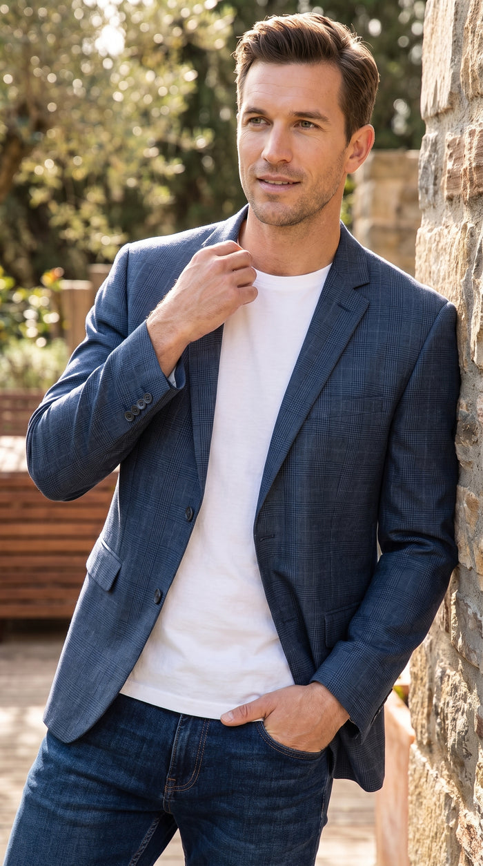 Men’s Blue Single Breasted 2 Button Blazer, Formal Dress Sport Coat for Business and Events