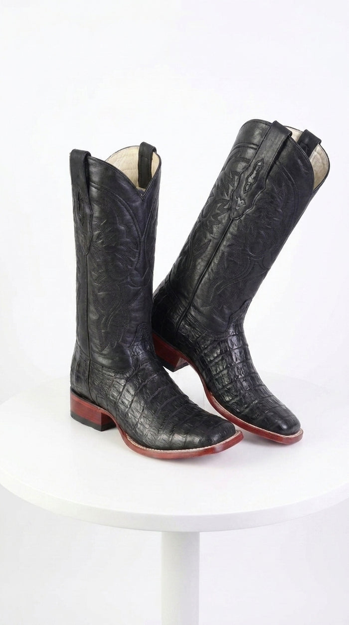 Los Altos Men’s Black Caiman Belly Wide Square Toe Boots, Exotic Western Cowboy Dress Boots