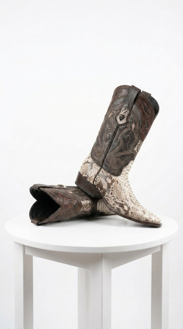 Men’s Natural Snake Skin Pointed Toe Western Boots, Exotic Cowboy Dress Boots