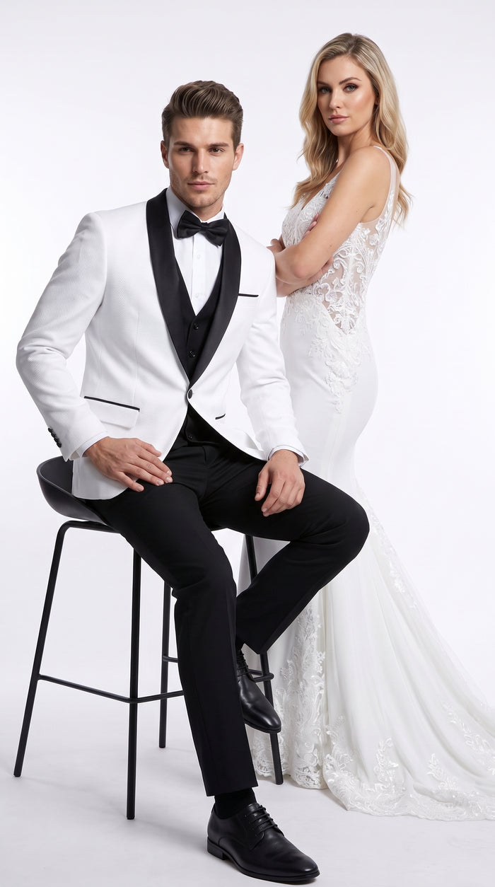 Men’s White Sharkskin Shawl Lapel Tuxedo, Black Trim Formal Wedding Prom Suit