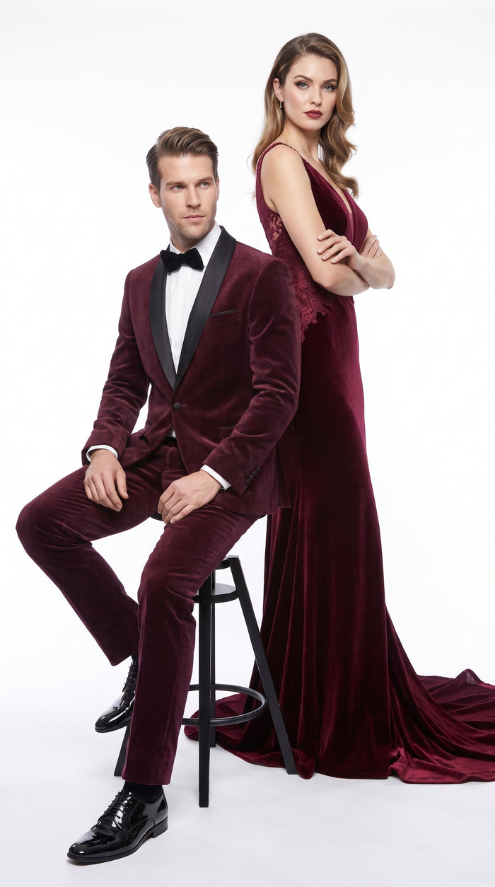 Men’s Maroon and Black Tuxedo Suit, 1 Button Burgundy Shawl Lapel Formal Wedding Prom Suit