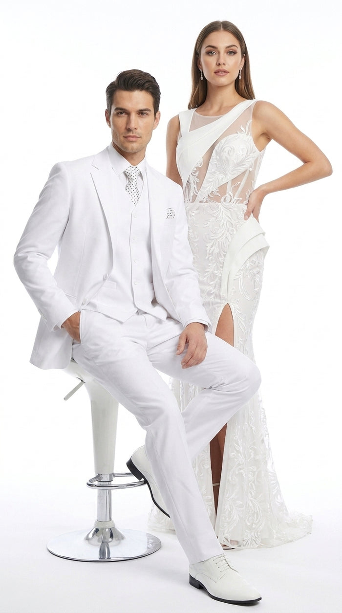 Men’s White 2 Button Wedding Suit, Modern Vested Formal Groom Prom Dress Suit