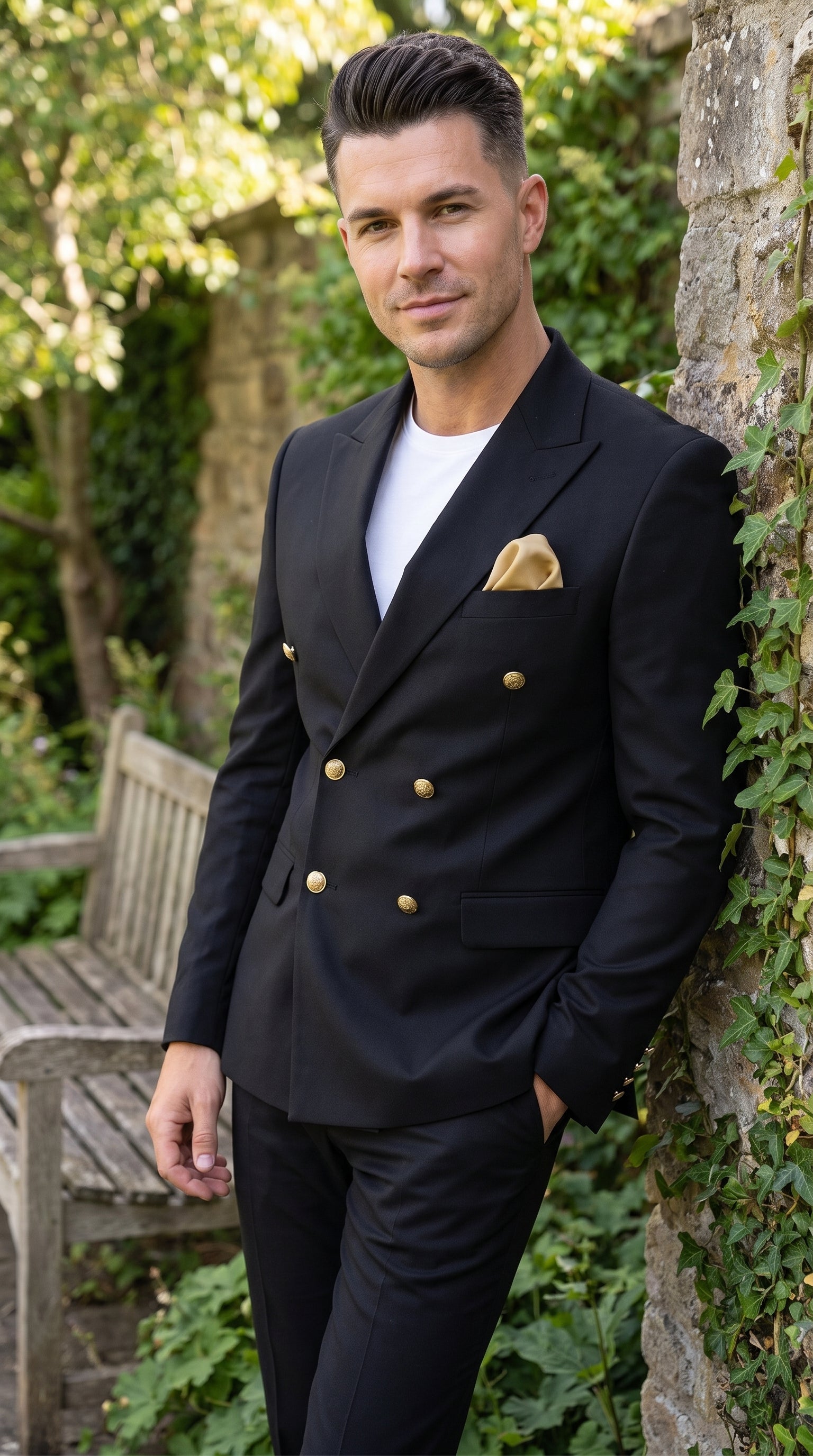 Men’s Black Double Breasted Blazer with Gold Buttons, Formal Sport Coat for Wedding and Business