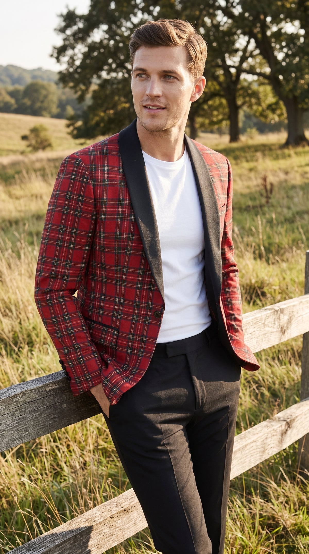 Men’s Red Christmas Plaid Holiday Blazer with Black Shawl Lapel, Formal Party Sport Coat