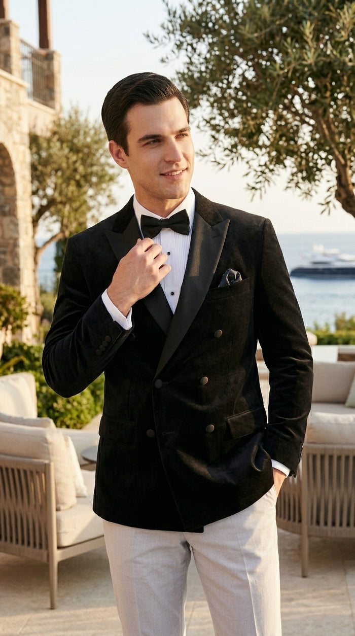 Men’s Black Velvet Double Breasted Tuxedo Blazer, Formal Wedding Prom Sport Coat