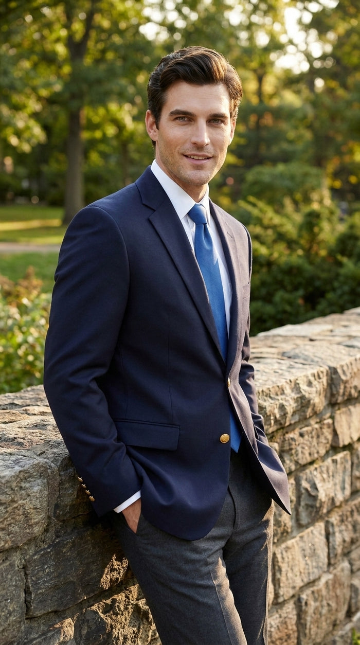 Men’s Classic Navy Blue Sport Coat with Brass Buttons, Handmade Formal Business Blazer