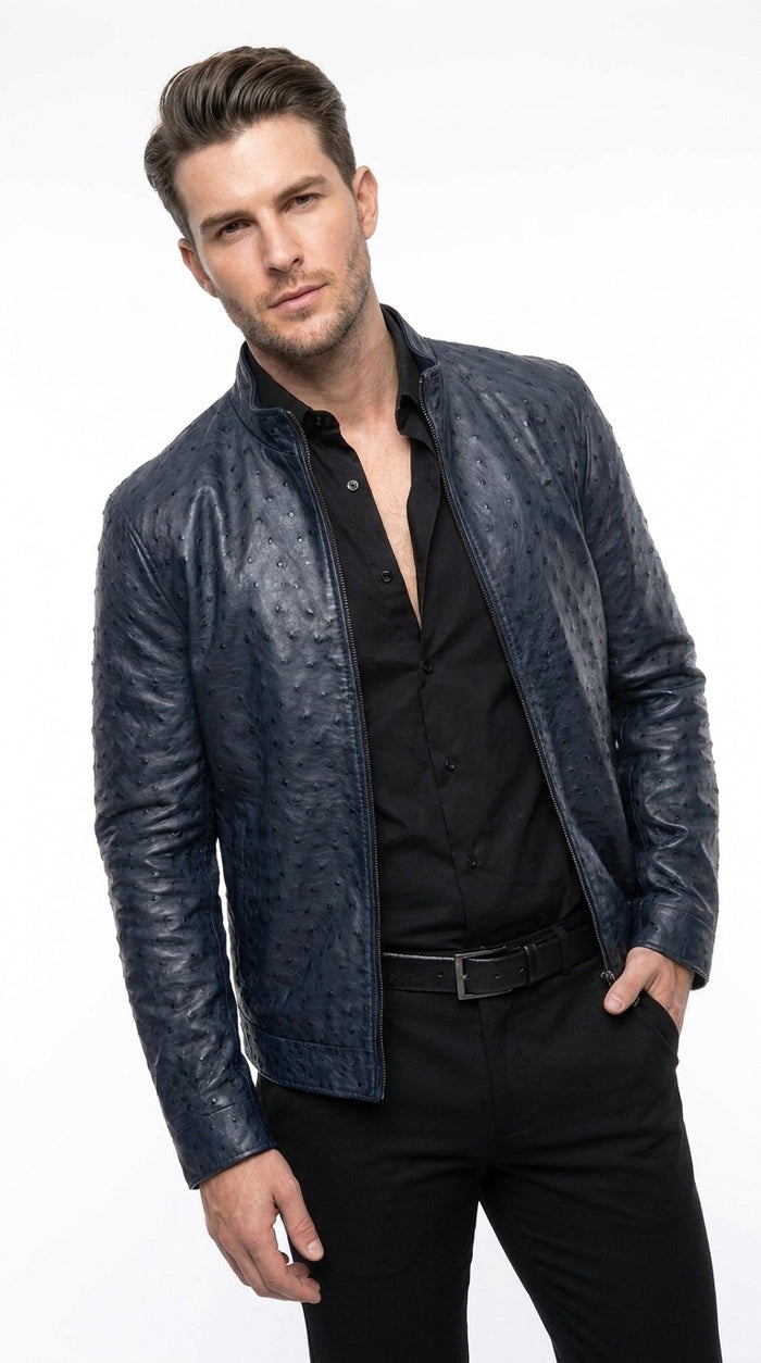 Men’s Grey Ostrich Leather Jacket, Original Fine Exotic Western Dress Jacket