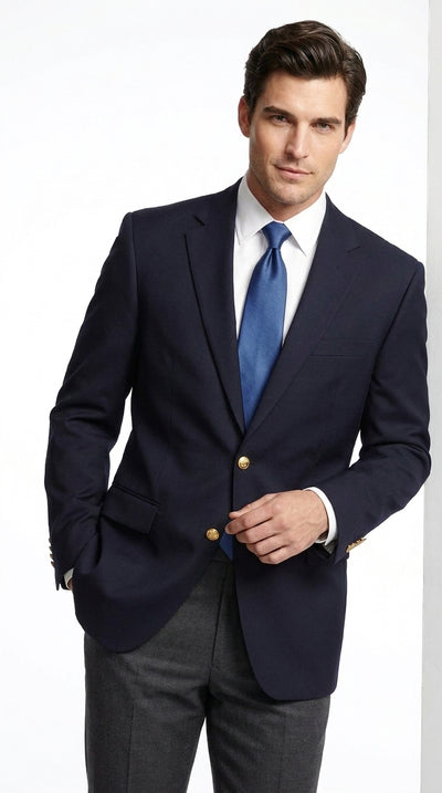 Men’s Classic Navy Blue Sport Coat with Brass Buttons, Handmade Formal Business Blazer
