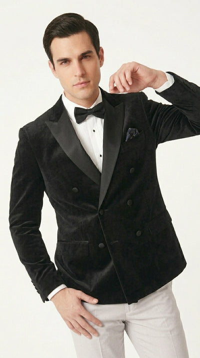 Men’s Black Velvet Double Breasted Tuxedo Blazer, Formal Wedding Prom Sport Coat