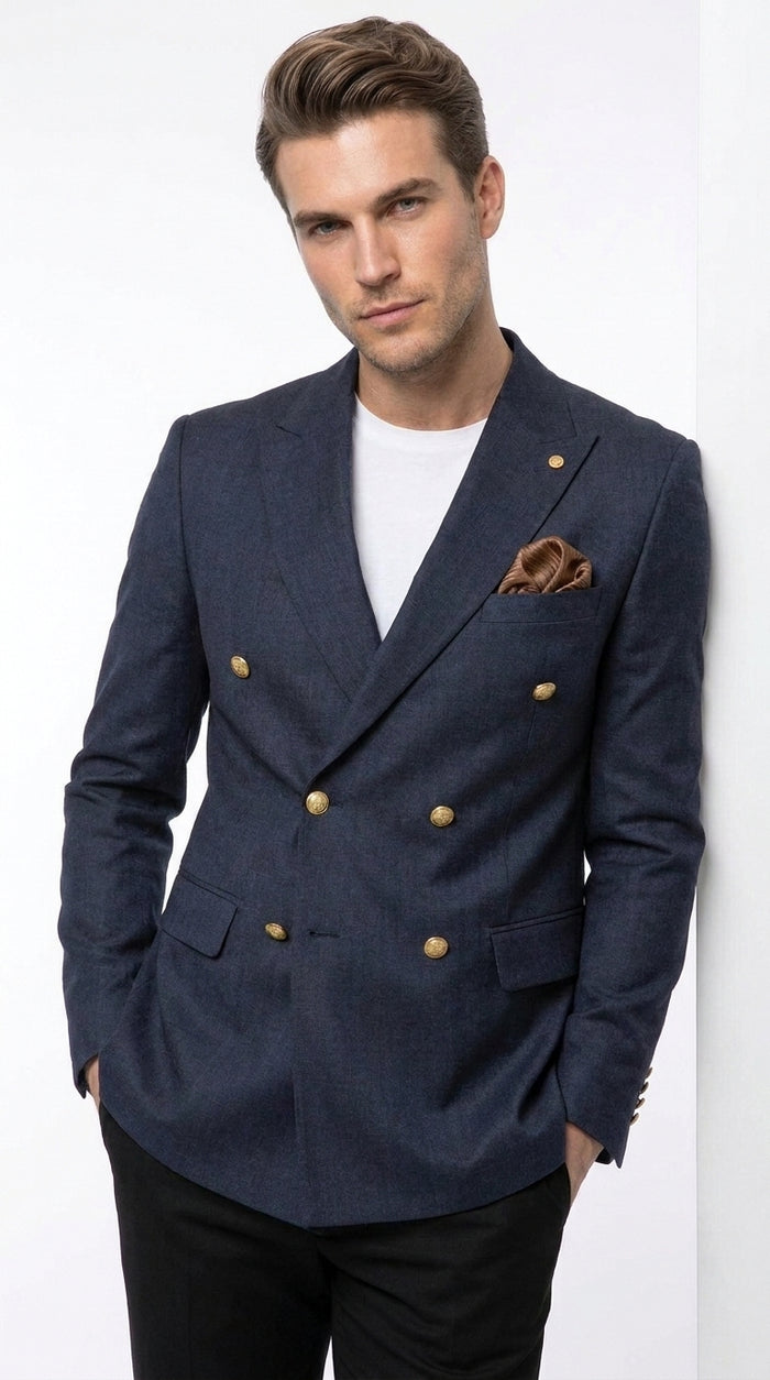 Men’s Navy Blue Double Breasted Wool Blazer with Gold Buttons, Formal Dress Sport Coat