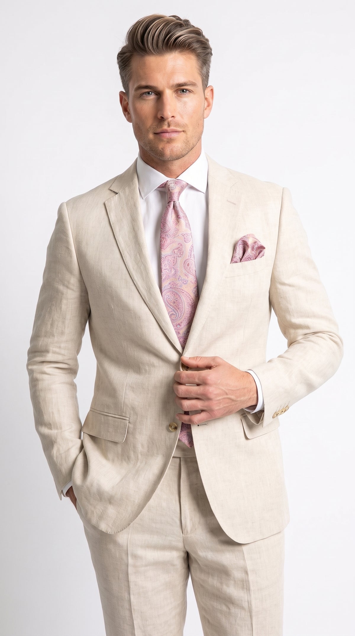 Men’s Natural Linen 2 Piece Suit, Two Button Regular Fit Summer Wedding Dress Suit