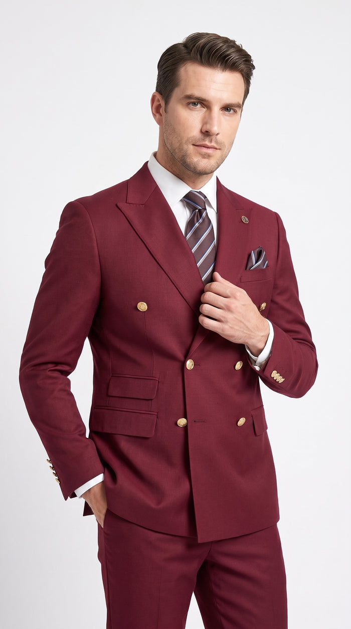 Men’s Burgundy Double Breasted Wool Suit with Gold Buttons, Modern Formal Wedding Business Suit