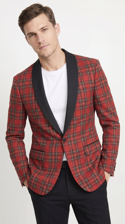 Men’s Red Christmas Plaid Holiday Blazer with Black Shawl Lapel, Formal Party Sport Coat
