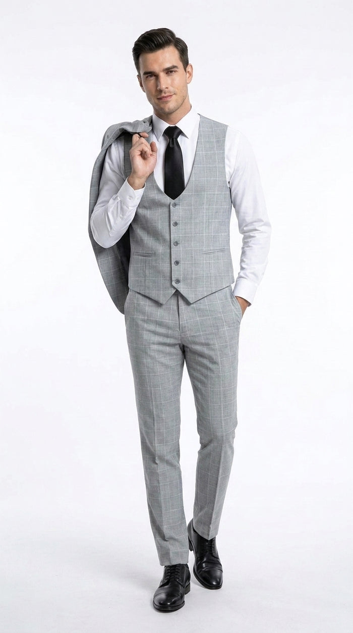 Rossi Man TOM RM1851 Men’s Light Grey Windowpane 3 Piece Suit, Formal Wedding Prom Dress Suit