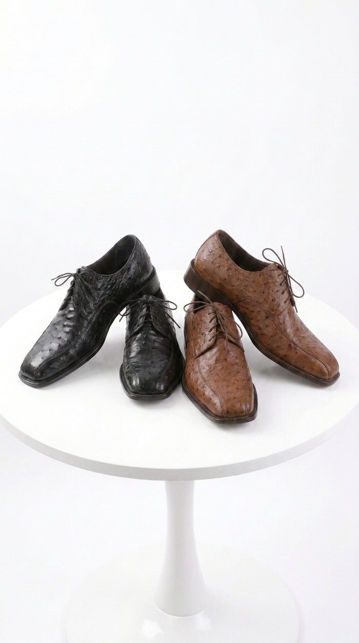 Men’s Exotic Ostrich Oxford Dress Shoes, Black and Brown Lace-Up Ostrich Skin Formal Shoes