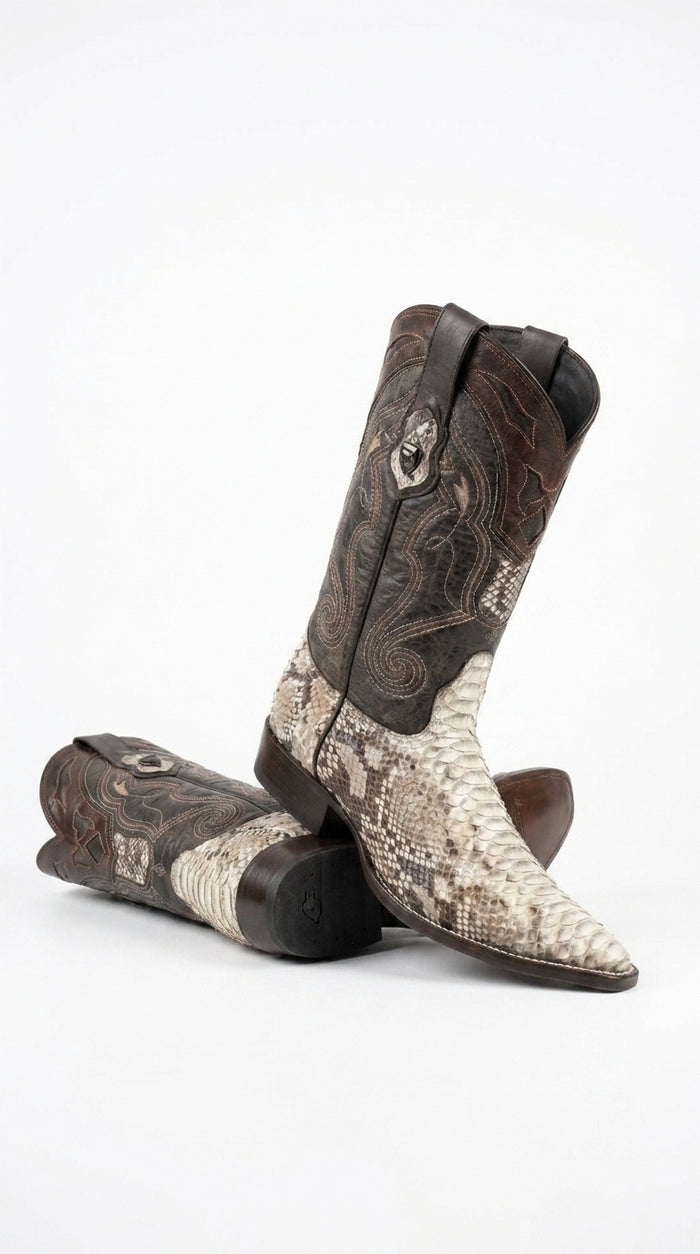 Men’s Natural Snake Skin Pointed Toe Western Boots, Exotic Cowboy Dress Boots