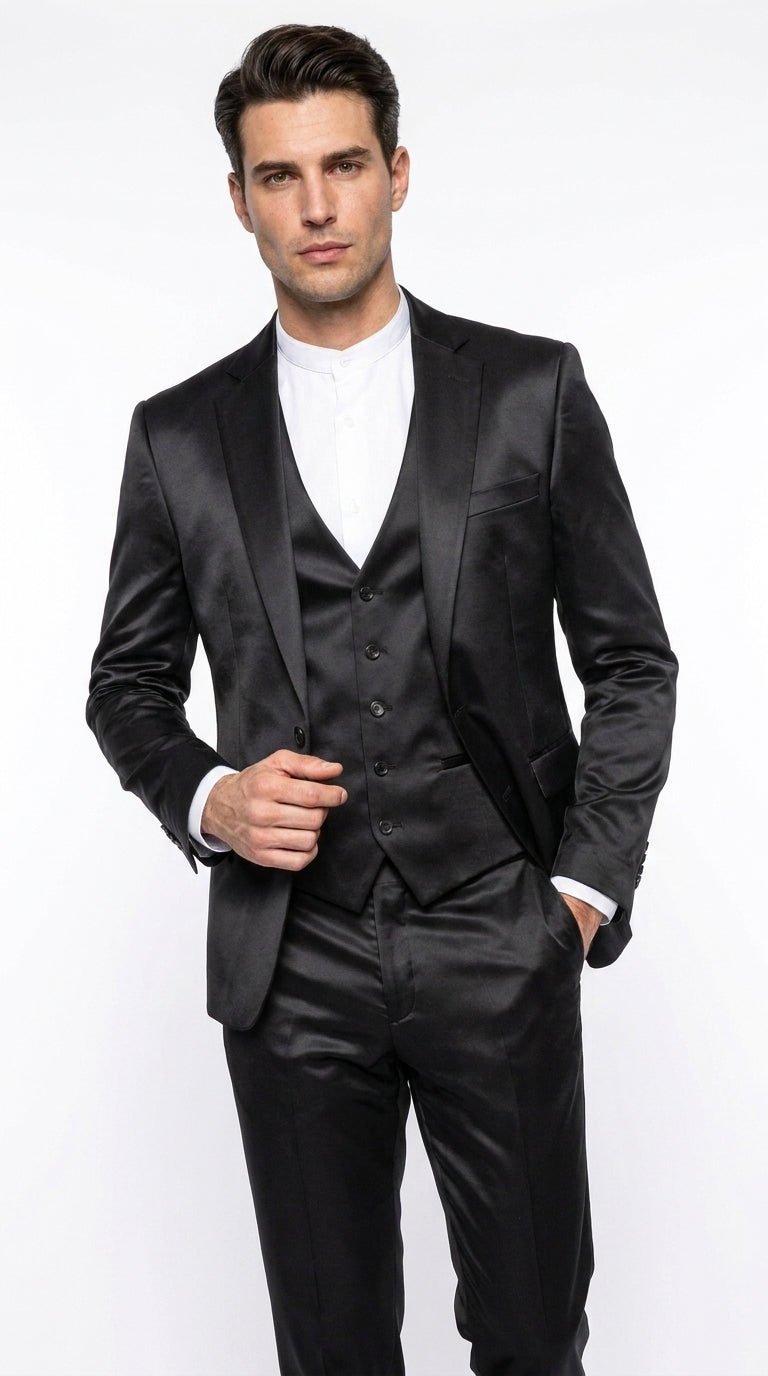 Men’s Black Satin 3 Piece Suit, Formal Wedding Prom Dress Suit with Vest