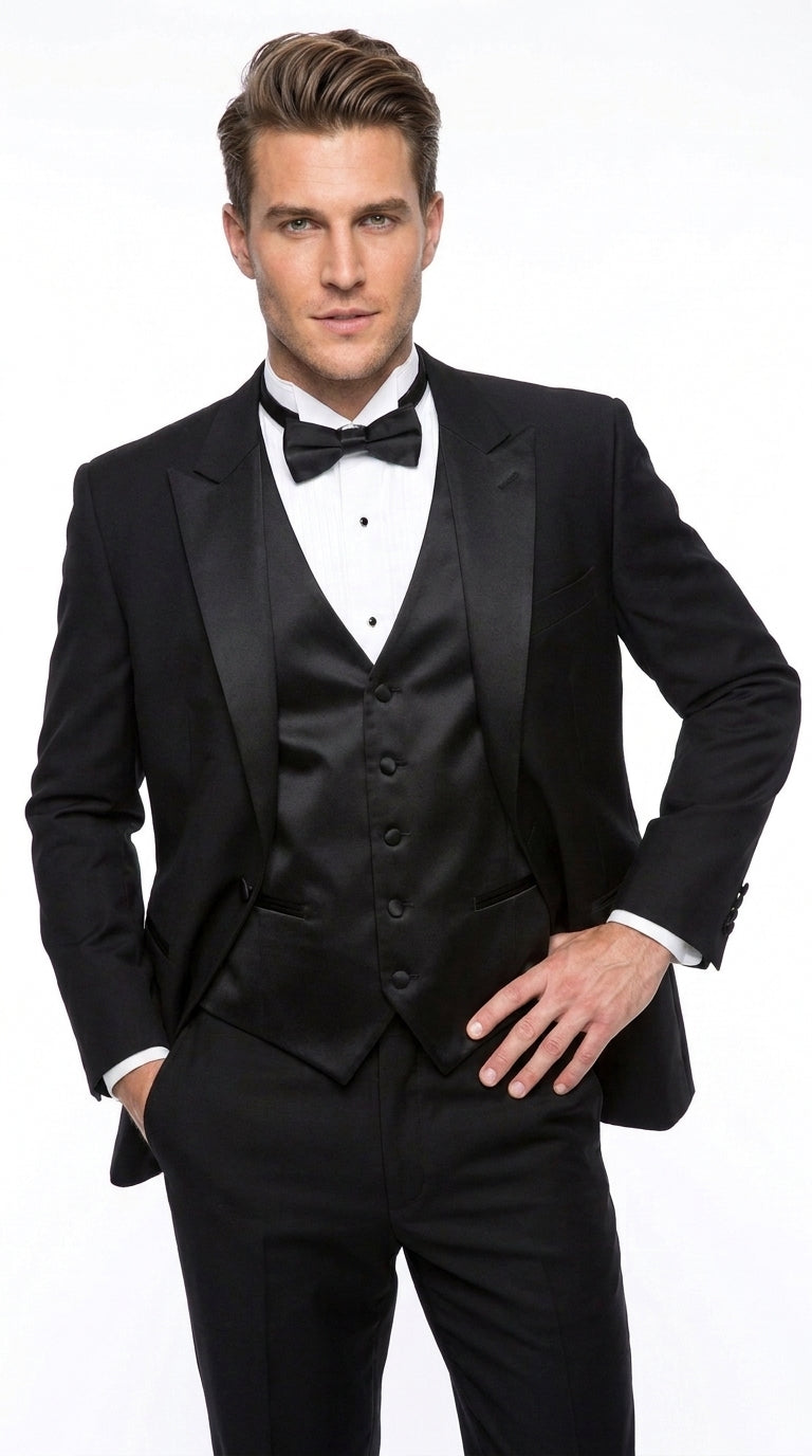 Men’s Black 1 Button Wide Satin Peak Lapel Tuxedo, Classic Formal Wedding Prom Suit