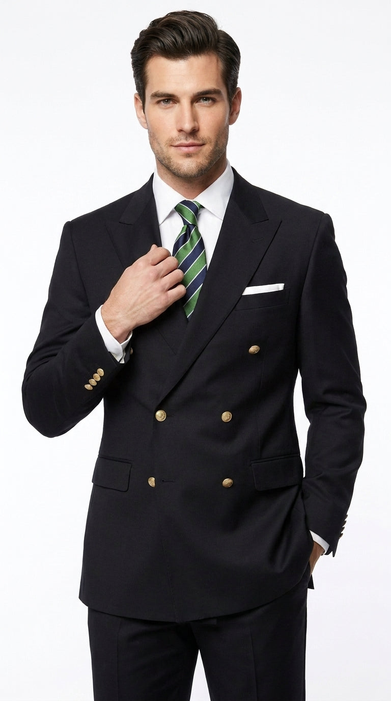 Men’s Solid Black Double Breasted Suit Blazer, Gold Button Formal Business Sport Coat