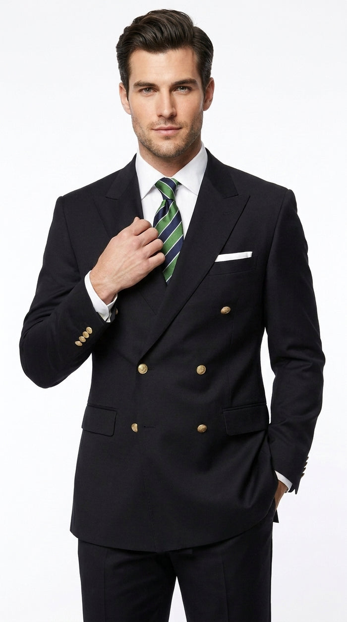 Men’s Solid Black Double Breasted Suit Blazer, Gold Button Formal Business Sport Coat