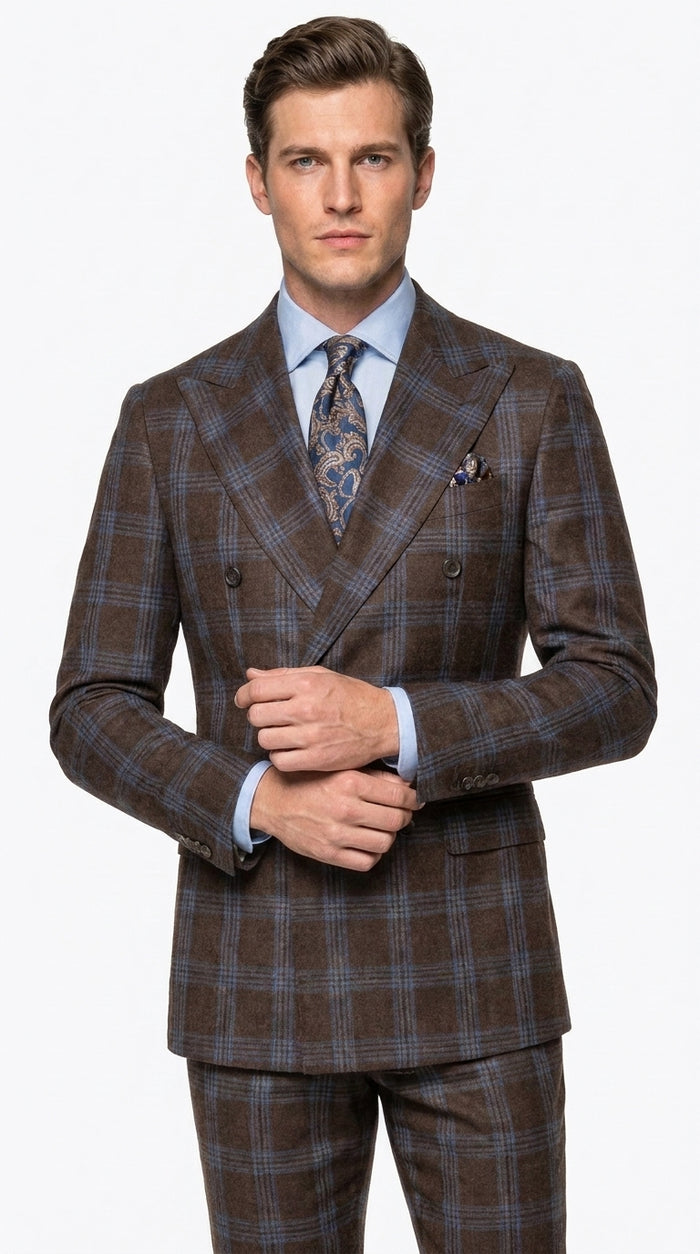 Statement Men’s Brown Plaid Double Breasted Suit, 2 Piece 100% Wool Modern Fit Dress Suit