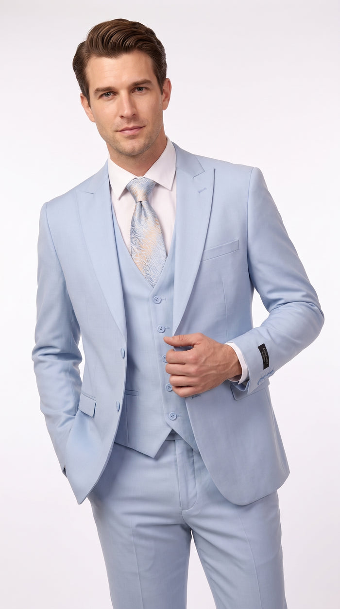 Vitali Men’s Sky Blue Solid Vested Suit, M1888 Formal Wedding Prom Dress Suit