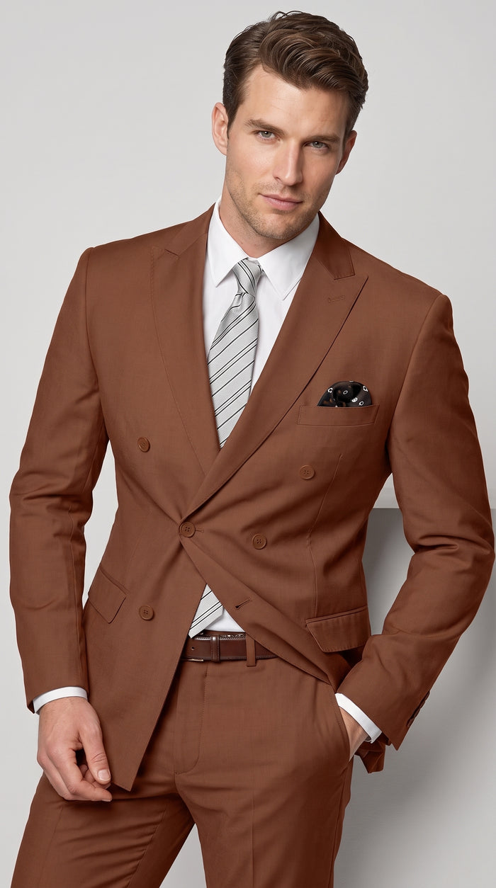 Men’s Copper Double-Breasted Wool Suit – Designer 6-Button Peak Lapel Formal Wedding Suit