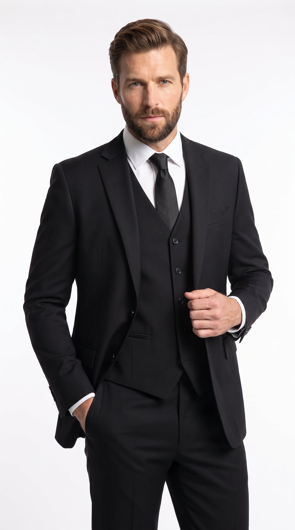 Men’s Black Modern Fit 3-Piece Suit – 2 Button Vested Wedding, Prom & Formal Suit