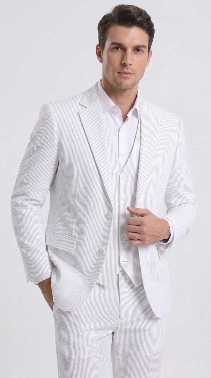Men’s White Pinstripe Seersucker Summer Suit, Jacket and Pants Formal Wedding Beach Suit