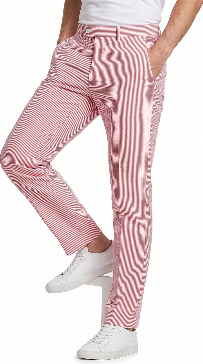 Men’s Red Seersucker Stretch Pants, Lightweight Summer Dress Slacks