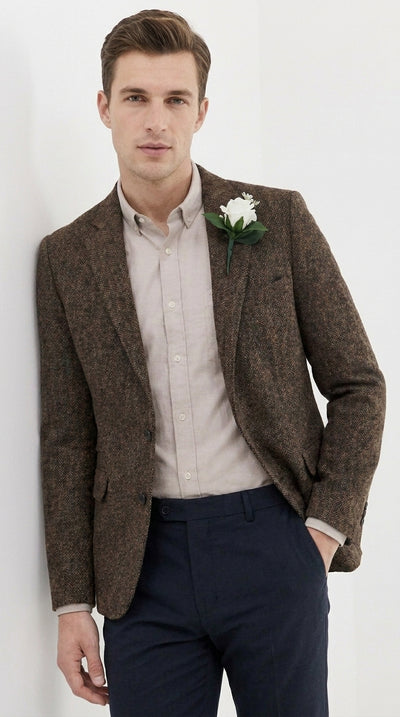 Men’s Dark Brown Tweed Herringbone Blazer, Classic Dress Sport Coat for Wedding and Casual Events