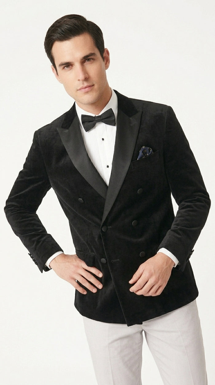 Men’s Black Velvet Double Breasted Tuxedo Blazer, Formal Wedding Prom Sport Coat