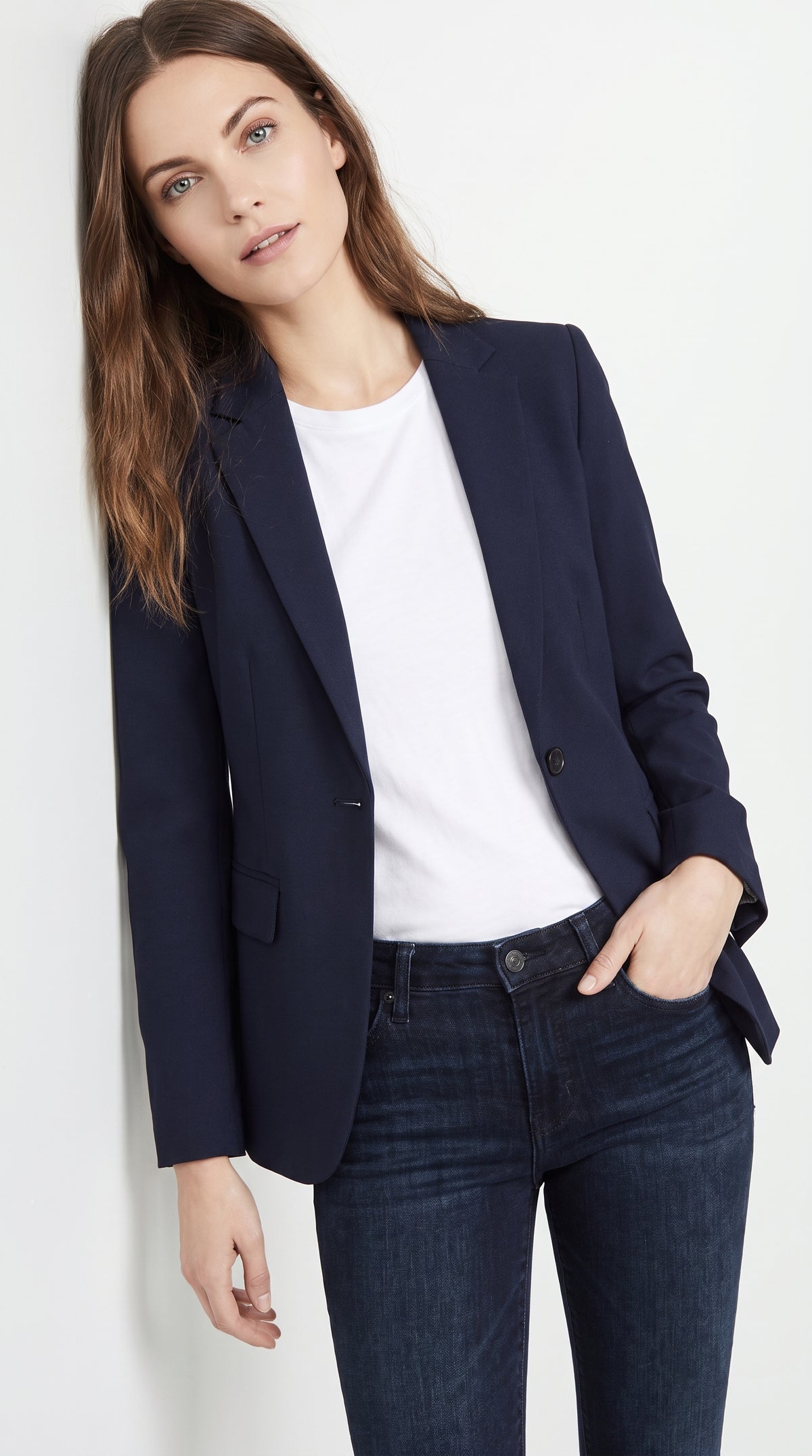 Two Button Solid Pattern Navy Women Blazer