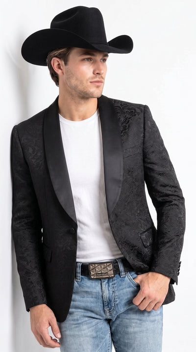 Men’s Black Paisley Jacquard Blazer, Satin Shawl Lapel Western Formal Designer Jacket