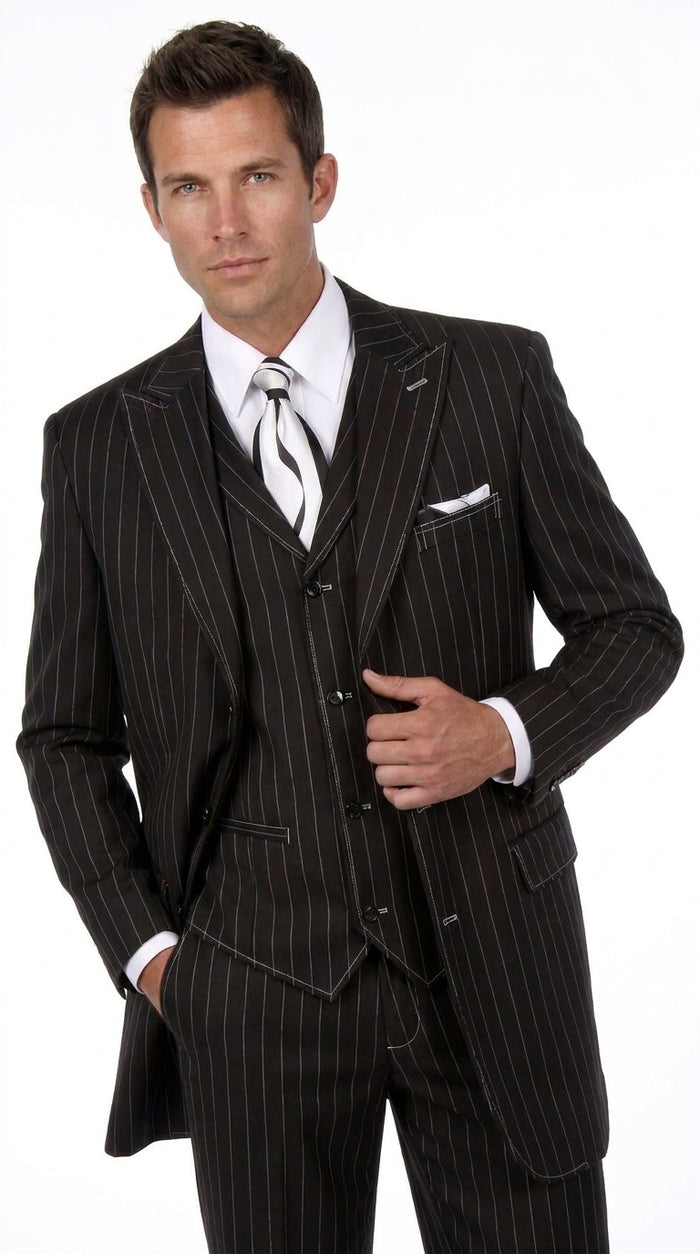 Men’s Big and Tall Black Pinstripe Suit, Plus Size 3 Piece Formal Wedding Business Suit