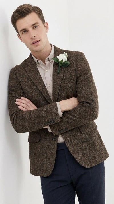 Men’s Dark Brown Tweed Herringbone Blazer, Classic Dress Sport Coat for Wedding and Casual Events