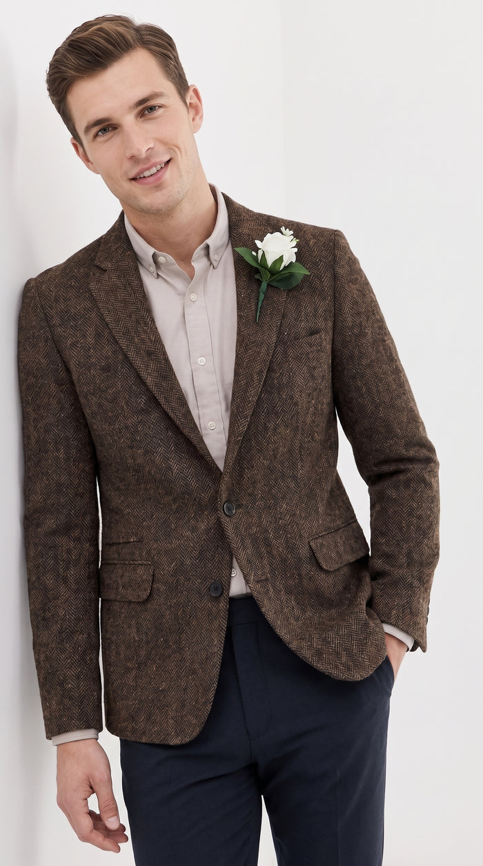 Men’s Dark Brown Tweed Herringbone Blazer, Classic Dress Sport Coat for Wedding and Casual Events