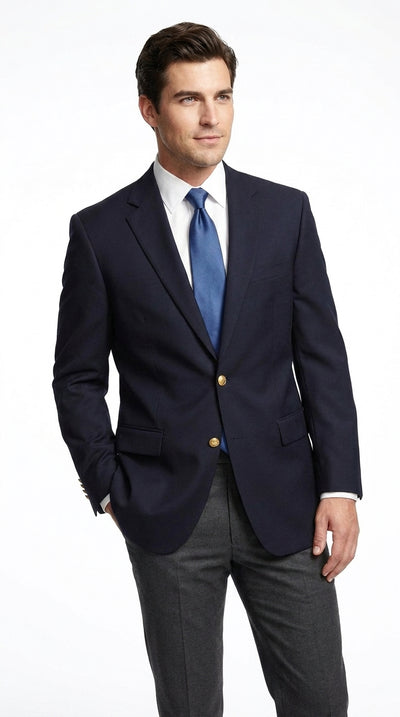Men’s Classic Navy Blue Sport Coat with Brass Buttons, Handmade Formal Business Blazer