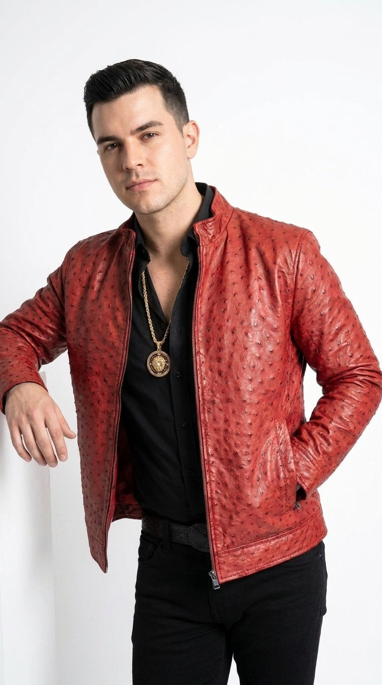 Men’s Grey Ostrich Leather Jacket, Original Fine Exotic Western Dress Jacket