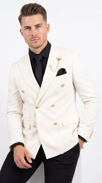 Men’s Ivory Double Breasted Blazer with Gold Buttons, Formal Wedding Prom Sport Coat