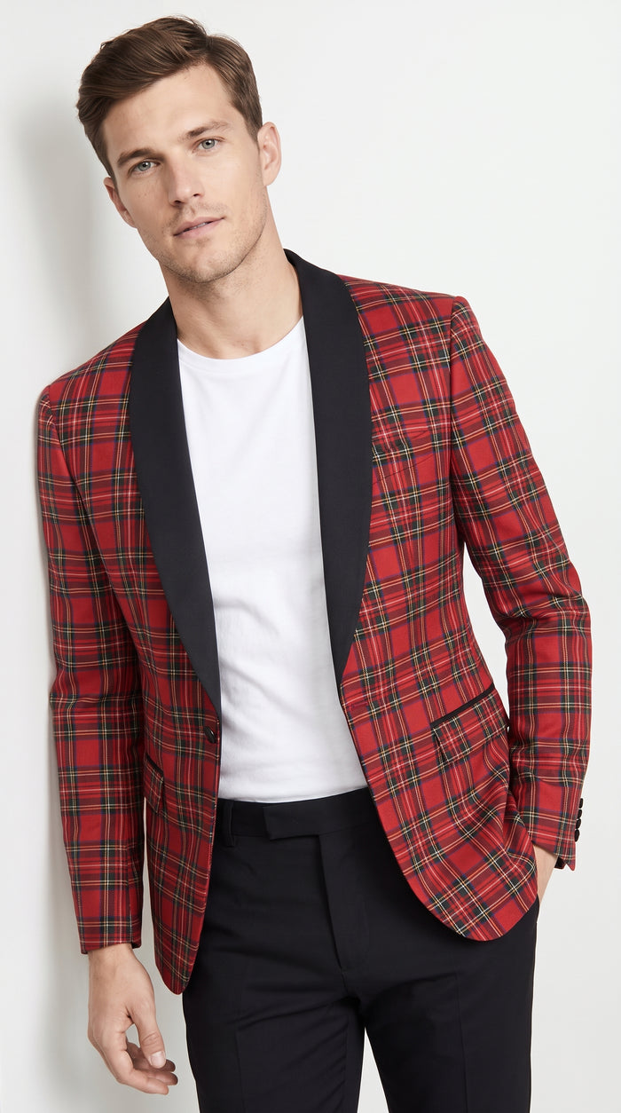 Men’s Red Christmas Plaid Holiday Blazer with Black Shawl Lapel, Formal Party Sport Coat