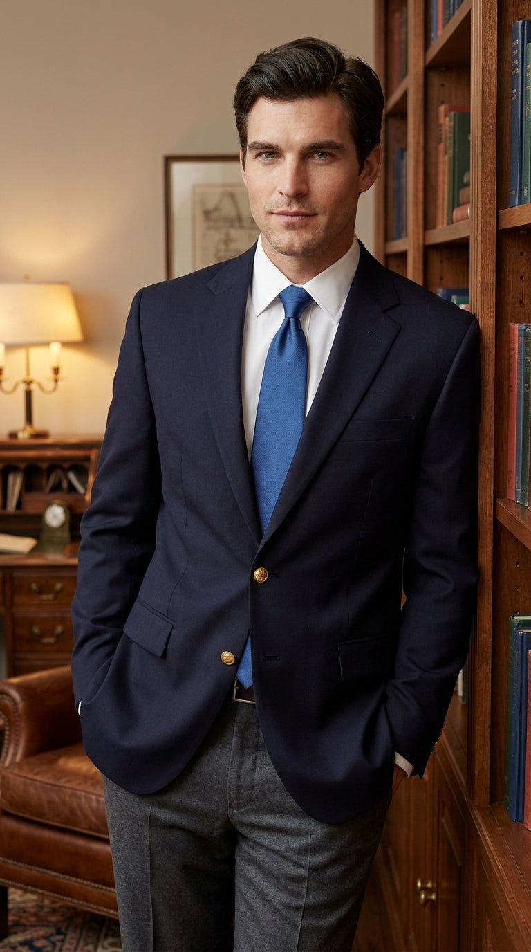 Men’s Classic Navy Blue Sport Coat with Brass Buttons, Handmade Formal Business Blazer